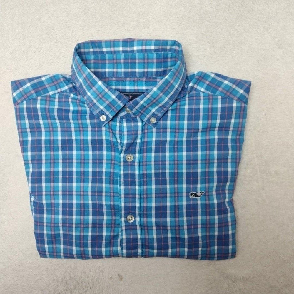 Vineyard Vines Shirt Mens M Blue Plaid Button-Up Whale Shirt‎ Nylon Polyester